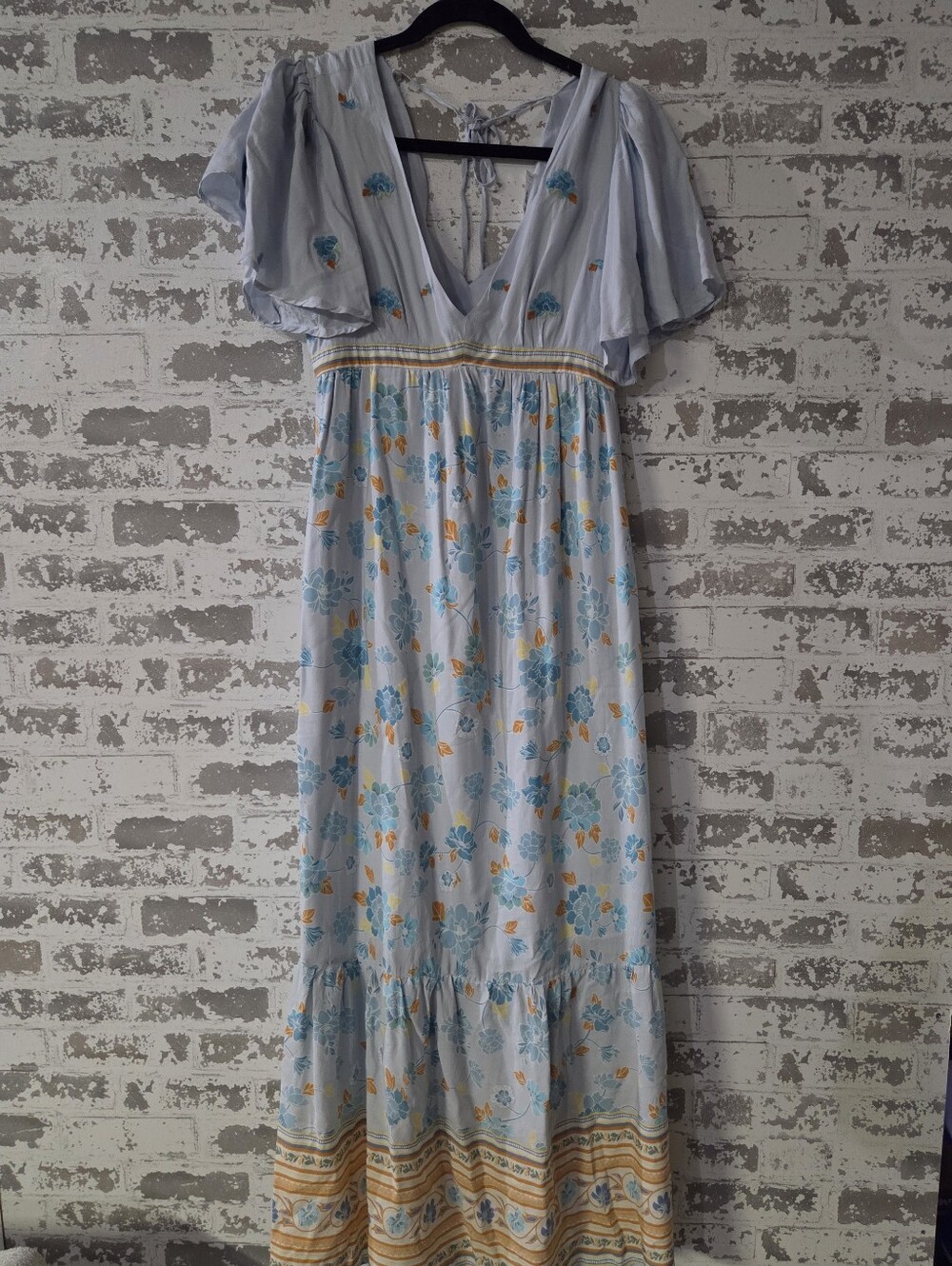 In Loom Bohemian Light Blue Floral Maxi Dress with Flutter Sleeves Small
